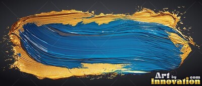 A wide blue paint stroke layered over thick yellow-gold paint against a black background
