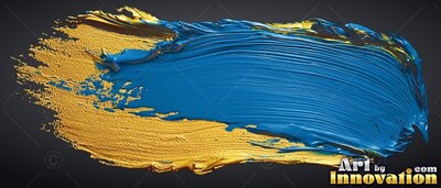 Across a black background, a thick stroke of blue and bright gold paint spreads wide