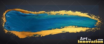 Sweeping horizontally across dark gray, a thick blue brushstroke is edged in gold paint