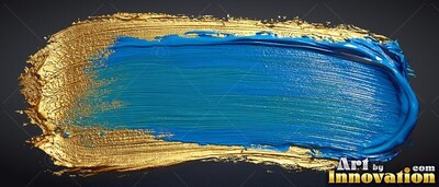 Thick blue paint stroke over metallic gold on black