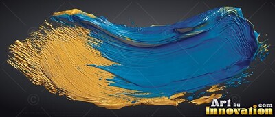 Thick ridges of blue and yellow-gold paint sweep in a broad brushstroke on dark gray