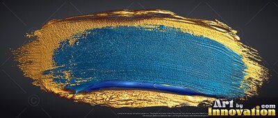 Blue and bright gold paint trails across a black backdrop, catching bright light on thick ridges