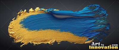 Sweeping horizontally across deep gray space, blue and yellow-gold paint smear