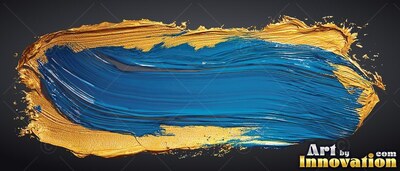 Thick blue paint layered over a wide gold brushstroke on dark gray