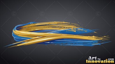 On a deep gray backdrop, glossy blue and yellow paint strokes curl in a loop