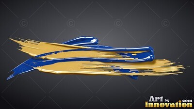 Sweeping across dark gray, glossy blue and yellow-gold paint strokes overlap horizontally