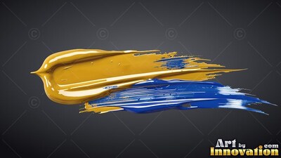 Thick yellow and blue paint strokes on a deeply shaded backdrop