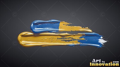 Thick glossy ridges mark two layered strokes of blue and yellow paint on dark gray