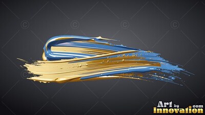Thick gold and blue paint sweeps across dark gray with bright wet shine