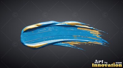 Swept horizontally on dark gray, a thick blue brushstroke with gold accents