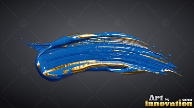 On a solid dark gray backdrop, a thick sweep of blue paint is layered with wet gold streaks