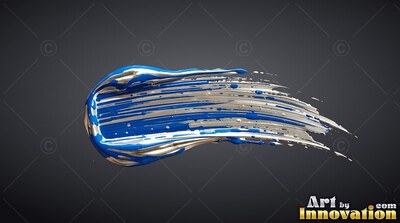 Swe eping against dark gray, a thick blue and silver brushstroke trails thin lines