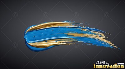 A blue and metallic bright gold paint stroke on a dark surface