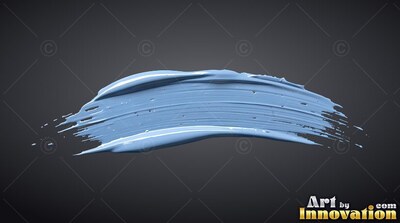 A thick brushstroke of glossy light blue paint curves across a dark background