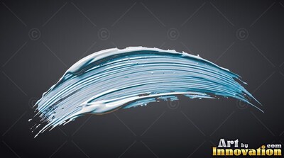 Against a charcoal gray surface, a curved light blue paint stroke sweeps upward