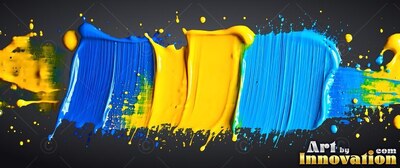 Spreading across a dark surface, thick blue and yellow paint sweeps in wet ridges