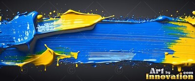 Thick blue and yellow paint smeared over a dark surface