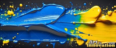 Glossy ridges of shiny blue paint meet yellow splatters against dark gray