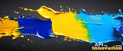 Yellow and blue paint splatters streak over a dark gray surface in glossy streaks