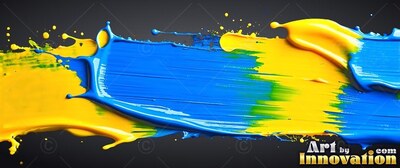 Sweeping horizontally over dark gray, thick blue and yellow paint splatters