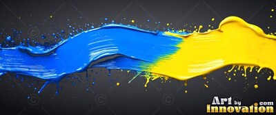 A thick wavy smear of glossy blue and yellow paint with splatters on plain dark gray backdrop