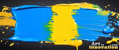 On a black background, thick blue and yellow paint spreads in broad brushstrokes