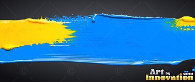 Stretching across a dark background, a thick stroke of wet blue and yellow paint