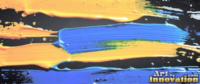 Yellow and blue wet paint strokes across a dark surface