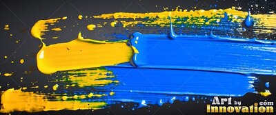 Thick wet ridges of yellow and blue paint spread horizontally across a dark background