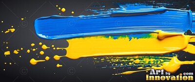 Blue and yellow paint strokes sweep against dark gray with glossy white highlights