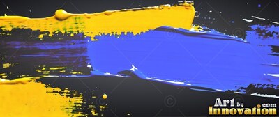 Horizontal thick blue and yellow paint strokes layered across a dark surface