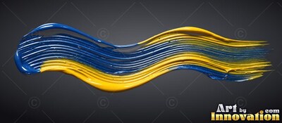A wavy brushstroke of thick blue and yellow paint curves over a shadowed backdrop