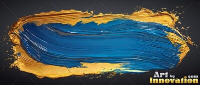 Against a dark background, a wide brush stroke of thick blue paint is edged in gold