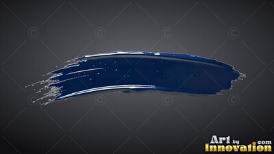 Curving over dark gray, a thick smear of glossy navy blue paint shines with light