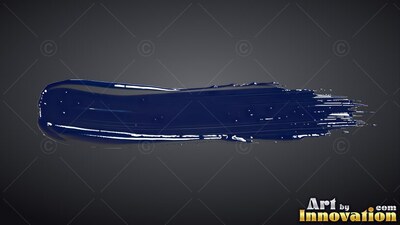 A deep blue paint stroke sweeps across black, shiny highlights along its edges