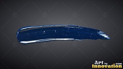On a dark gray background, a single stroke of deep blue paint trails off to the right