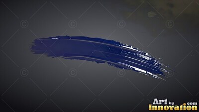 Curving wet edges define a dark blue paint stroke curving across a gray backdrop