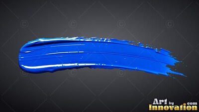 Curving horizontally, a heavy blue brushstroke shines on a dark gray backdrop