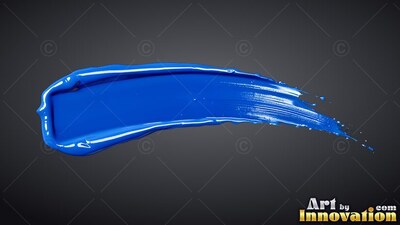 Wet white highlights ridge a dense blue paint stroke curved on a dark gray backdrop