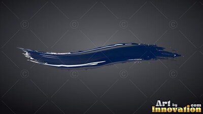 On a dark gray background, a single curved stroke of glossy dark blue paint sweep across