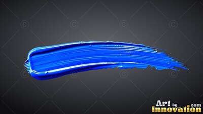 On a deep gray backdrop, a single curved streak of wet blue brushstroke runs across