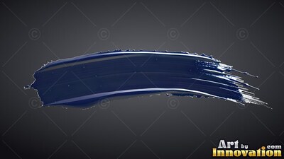 Curving horizontally across a dark gray space, thick blue paint sweeps to the right