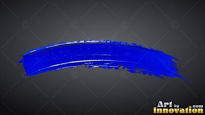Wet white ridges streak a curved blue paint stroke across a dark gray backdrop