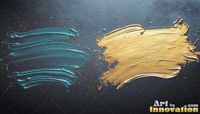 Swept horizontally on a dark surface, blue and gold paint strokes