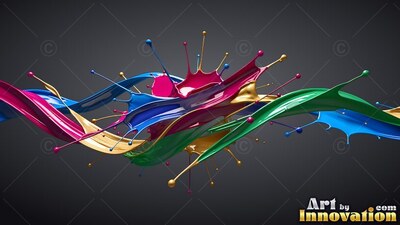 Splashes of glossy pink, blue, green, and gold paint twist together across a deep gray background