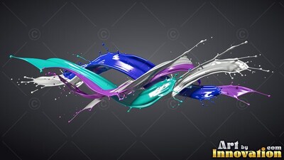 Against a dark gray background, ribbons of blue and white liquid splash together