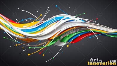 Swirling across a dark background, thick ribbons of colorful paint splash beads