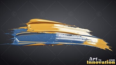 On a dark gray backdrop, a thick stroke of glossy yellow and glossy blue paint sweeps across