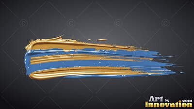Sweeping across a dark background, a thick brushstroke blends blue and yellow-gold paint