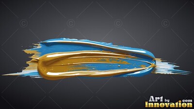Thick blue and gold paint stroke across a deep gray backdrop